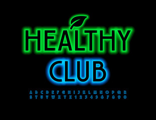 Vector glowing sign Healthy Club with decorative Leaf. Blue Neon Font. Modern Alphabet Letters and Numbers set