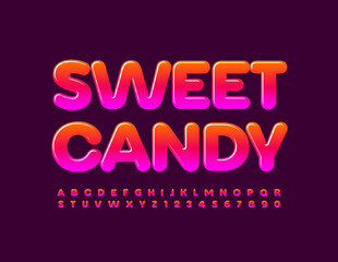 Vector tasty sign Sweet Candy. Bright glossy Font. Gradient set of Alphabet Letters and Numbers set