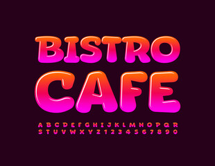 Vector bright sign Bistro Cafe. Shiny creative Font. Gradient color Alphabet Letters and Numbers set