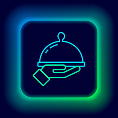 Glowing neon line Covered with a tray of food icon isolated on black background. Tray and lid sign. Restaurant cloche with lid. Colorful outline concept. Vector
