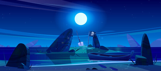 Night landscape of sea beach, boat and island in water with pirate flag and shovel. Vector cartoon illustration of ocean shore with wooden ship, black flag with skull, stones and moon in sky © klyaksun
