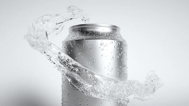 Pure Water Flow to Soda Drinking Can on White Background and Splash. Swirling Clear Aqua and Droplet on Aluminum Bottle. Beautiful Abstract Purity Water Spray Wave. Close-up Cool Drink Splashing Swirl
