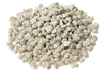 White pebbles isolated white background . Rock texture. clay pebbles