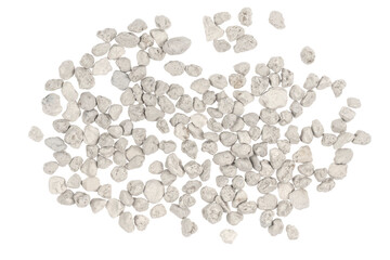 White pebbles isolated white background . Rock texture. clay pebbles