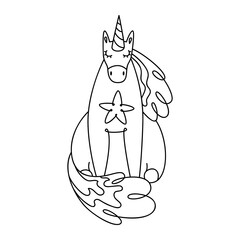 Unicorn cute line art black illustration isolated on white. Baby shower decor clipart. Vector