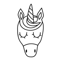 Unicorn head cute black line art illustration isolated on white. Baby shower decor clipart. Vector