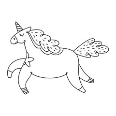 Unicorn cute black line art illustration isolated on white. Baby shower decor clipart. Vector