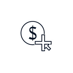 Dollar plus. The concept of finance, surcharge, money, pay, add, increase income, investment profit. Vector icon isolated on white background. 