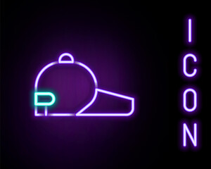 Glowing neon line Baseball cap icon isolated on black background. Sport equipment. Sports uniform. Colorful outline concept. Vector