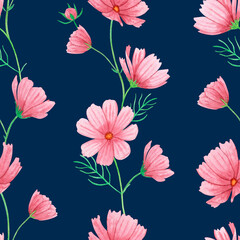 Watercolor seamless pattern with summer pink flowers on a blue background, hand-drawn. For textile, greeting card, wrapping paper, wedding invitations.