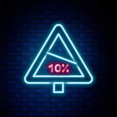 Glowing neon line Steep ascent and steep descent warning road icon isolated on brick wall background. Traffic rules and safe driving. Colorful outline concept. Vector