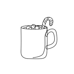 Continuous one line of hot chocolate in mug in silhouette. Minimal style. Perfect for cards, party invitations, posters, stickers, clothing. Black abstract icon. Christmas concept