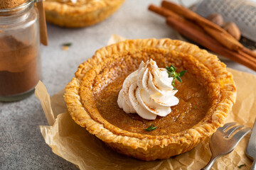 Homemade sweet potato pie with whipped cream