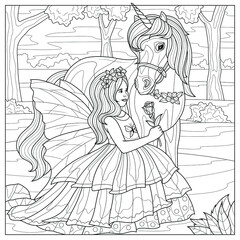 Girl and unicorn.Coloring book antistress for children and adults. Illustration isolated on white background.Zen-tangle style. Hand draw