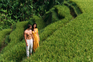 A man and a woman among the rice terraces. A couple in love is traveling in Asia. A man and a woman are traveling in Indonesia. Happy couple in Bali. Rice terraces in Bali. Copy space