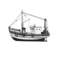 Sea or ocean transport, sea ship for the industrial production of seafood. Commercial fishing boat side view icon. Vector illustration in flat style.