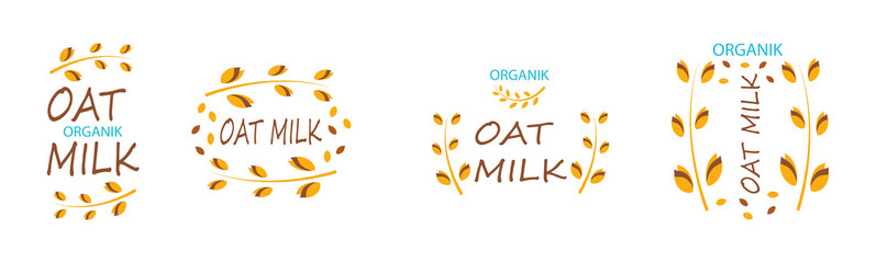 Oat Milk vector logo. Spikes and grains of oats. Vector stock illustration and lettering