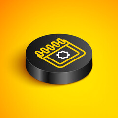 Isometric line Ramadan calendar icon isolated on yellow background. Ramadan kareem and Islamic symbols. Black circle button. Vector