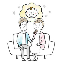 ベクターイラスト素材：ソファーに座る妊婦の妻と夫、夫婦
