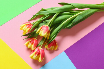 A bouquet of tulips as a gift for March 8, Mother's Day, Valentine's Day. Easter decor. Top view. Flowers tulips on a colorful background.