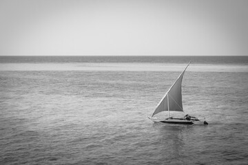 Sailboat on the sea, black and white. Regatta concept. Marine race. Yacht  on tropical seascape, monochrome. Summer recreation. Active sport background. Nautical vessel near island. Exotic leisure.