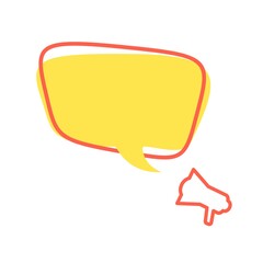Yellow speech bubble and megaphone in flat art. Memphis style banner with red geometric frame. Colorful sticker with place for promotion text, price tag, sale ad. Vector card illustration.