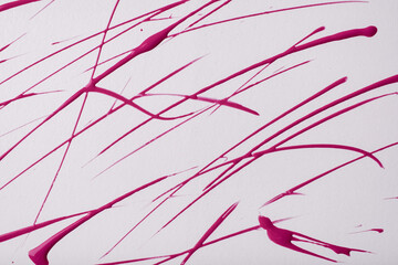 Thin red lines and splashes drawn on white background. Abstract art backdrop with purple brush decorative stroke.