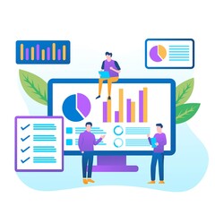 Data analysis concept with characters. Engine strategy, analyzing, infographic of workplace for developers, workspace for creative optimization. Template for web banner, flat isometric illustration