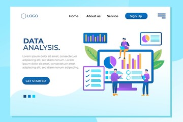 Data analysis concept with characters. Engine strategy, analyzing, infographic of workplace for developers, workspace for creative optimization. Template for web banner, flat isometric illustration