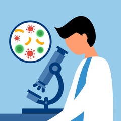 Scientist or lab technician studying bacteria and microorganisms with medical microscope vector illustration. Microbiology.
