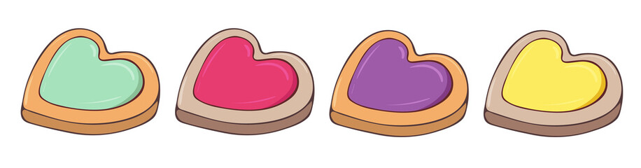 Set of cookies in the form of a heart for Valentine's Day. Sweet dessert with colored glaze. Vector illustration isolated on white background. love concept