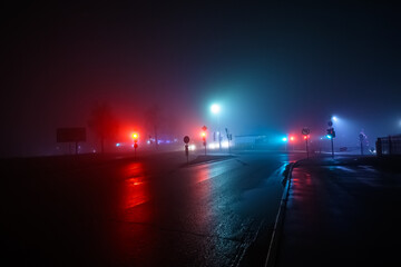 Night road in the city, cloudy weather, traffic lights, pedestrian crossing, fog (soft focus, bokeh)