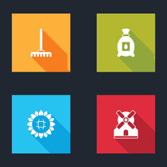 Set Garden rake, Pack full of seeds of plant, Sunflower and Windmill icon. Vector