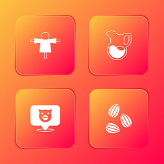 Set Scarecrow, Jug glass with milk, Pig and Seeds icon. Vector