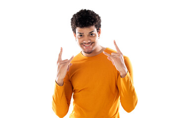 Young afro guy showing rock gesture with fingers