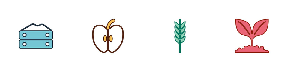 Set Bag of flour, Apple, Wheat and Plant icon. Vector