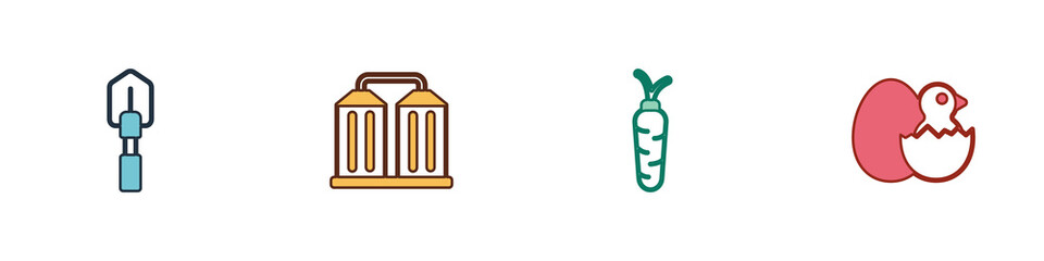 Set Shovel, Granary, Carrot and Little chick in cracked egg icon. Vector