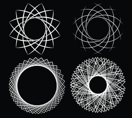 Naklejka premium Set of abstract black halftone dots.Black halftone dots in vortex form. Geometric art. Trendy design element.Circular and radial lines volute, helix.Segmented circle with rotation