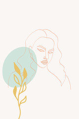 Peach and Blue Head Style Vector Background. Contour Outline Print. Nude Lady Line Poster. People Tropical Concept.