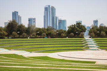 Dubai, UAE - March 04, 2021: Floral amphitheater in the park at Al Mamzar beach in Dubai