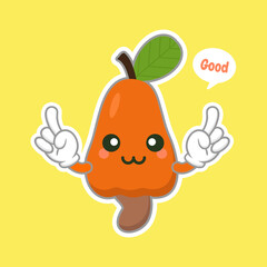 cute and kawaii cashew fruit character. cashew nut and fruit with leaf woodcut