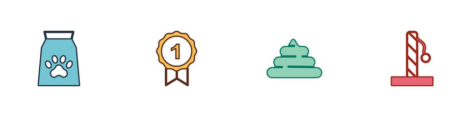 Set Bag of food for pet, Dog award symbol, Shit and Cat scratching post icon. Vector