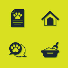Set Clinical record pet, Cat litter tray with shovel, Paw print and Dog house icon. Vector