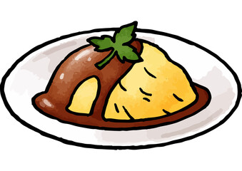 【手描きベクターイラスト素材】ふわとろデミグラスオムライスのイラスト