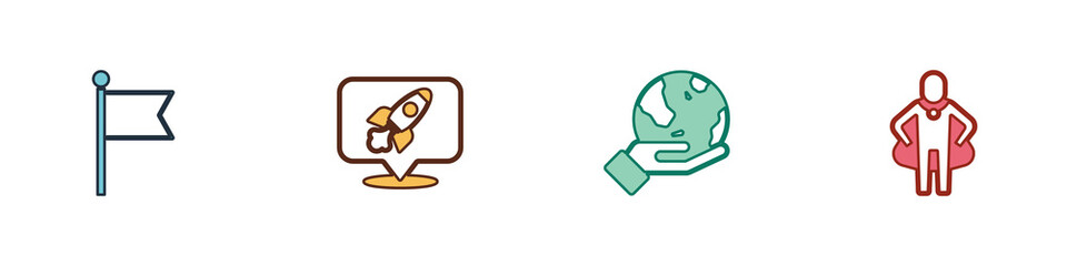 Set Flag, Rocket ship, Hand holding Earth globe and Head hunting icon. Vector