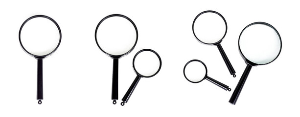 Black magnifying glass set isolated on white background.