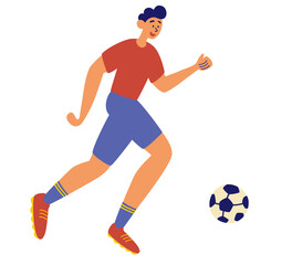 Fototapeta na wymiar Soccer sportsman, man playing with ball. Happy male football player kicking the ball. Sport healthy life concept. Cartoon male soccer player vector graphic illustration.