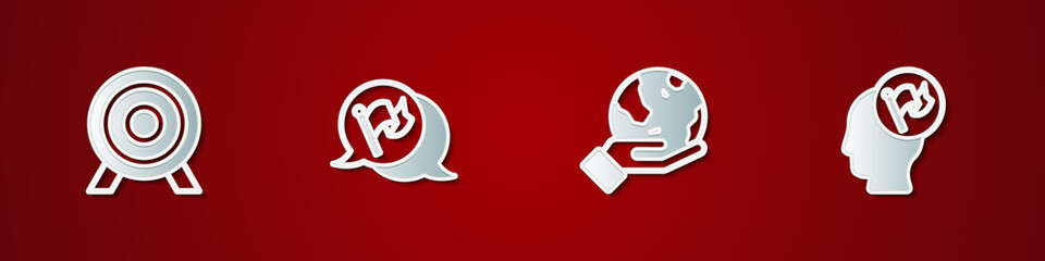 Set Target, Flag, Hand holding Earth globe and flag icon. Vector