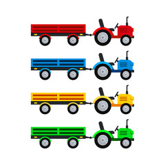 Tractor with open trailer farm vector set isolated on white background.