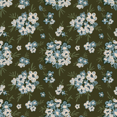 Small painted bouquets of blue and white flowers with little leaf branches on black. Midnight garden floral seamless vector pattern. Great for home décor, fabric, wallpaper, gift wrap, stationery, etc
